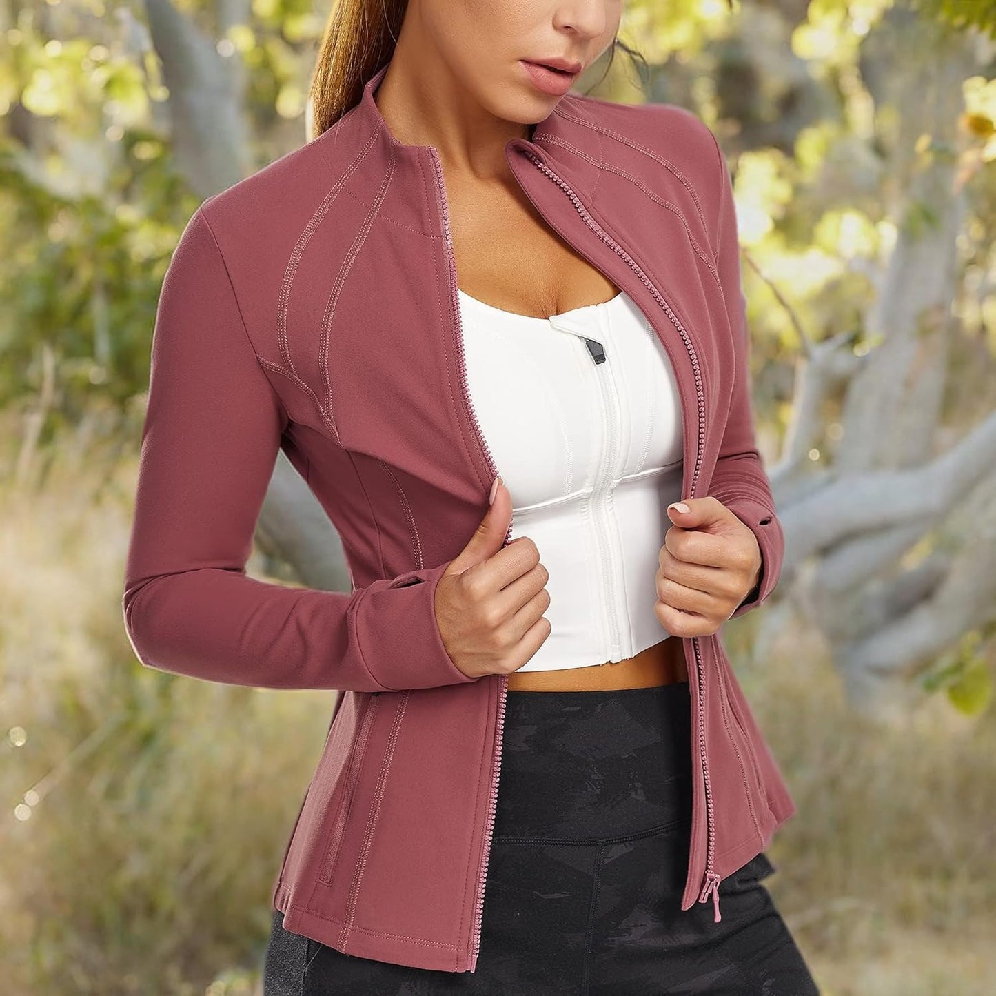 Women'S Sports Jacket Full Zip Workout Running Jacket Slim Fit Long Sleeve Yoga Track Jacket with Thumb Holes (Pink, Medium, M)