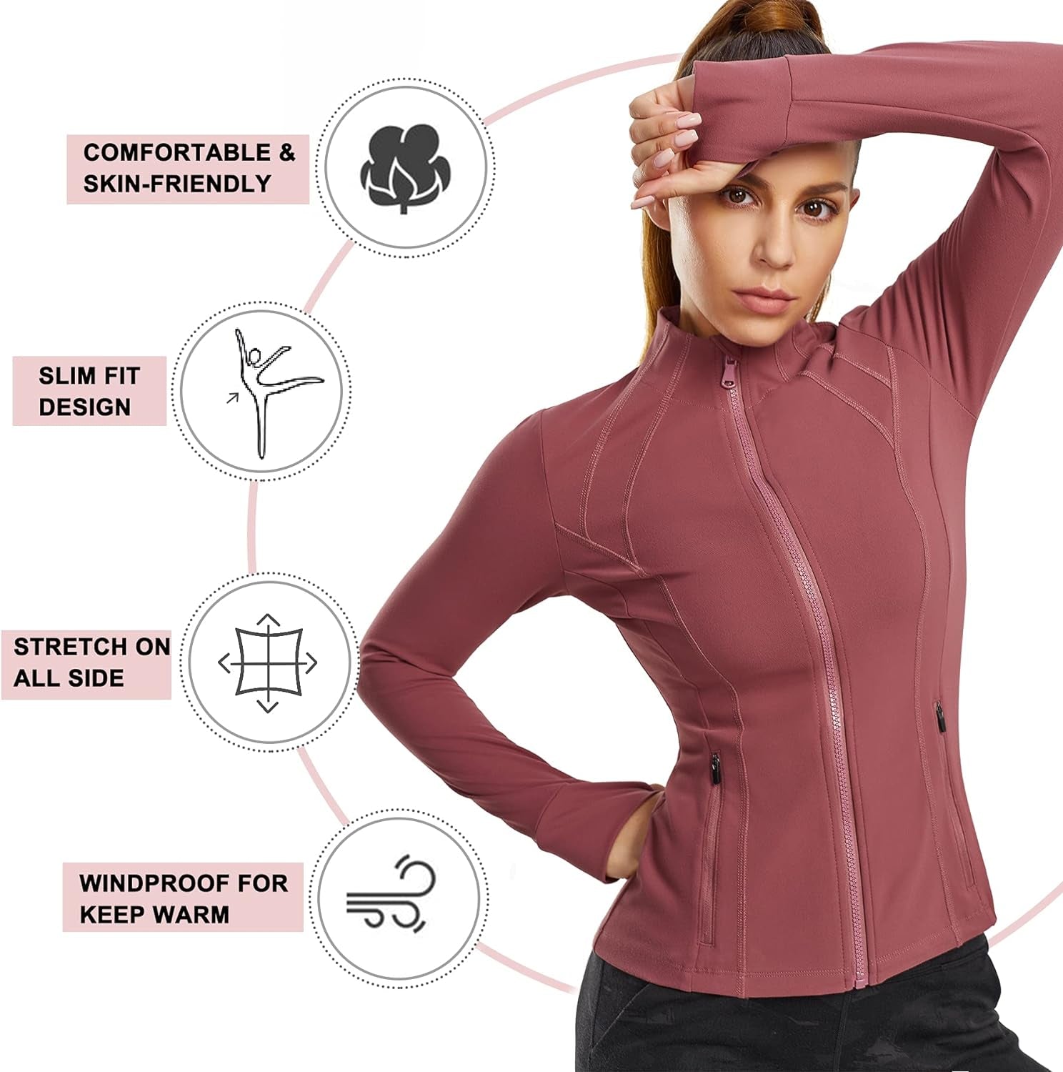 Women'S Sports Jacket Full Zip Workout Running Jacket Slim Fit Long Sleeve Yoga Track Jacket with Thumb Holes (Pink, Medium, M)