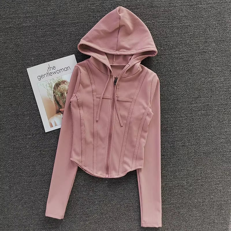 Women'S Fitness Coat Hooded Cardigan Tight Quick-Dry Sports Jacket Running Training Shirt Yoga Clothes Long Sleeve Sport Jacke